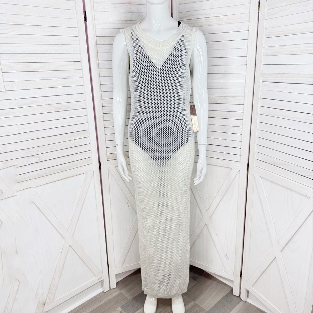 Almost Famous Sheer Crochet Open Back Beach Swim Cover Maxi Dress Cream Medium